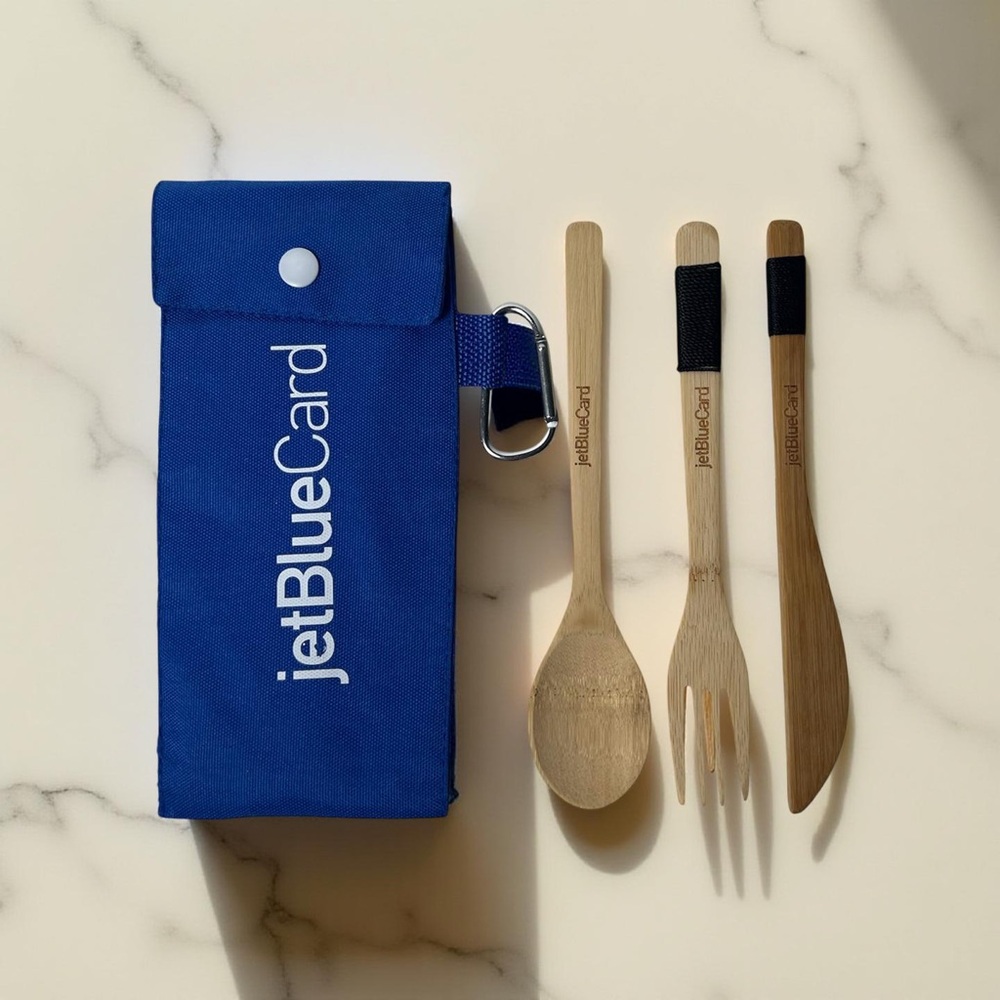 JetBlue Card Reusable Wooden Travel Utensil Cutlery Set with Portable Case